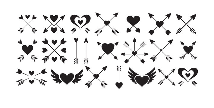 Arrow heart love icon set. Different styles arrow love, line vector, Different styles, set of hearts with an arrow inside, heart arrow doodle line icon, vector  illustration eps 10.
