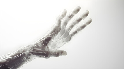Skeletal Hand on White Surface with Light Play and Contrast