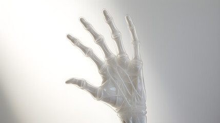 Skeletal Hand on White Surface with Light Play and Contrast