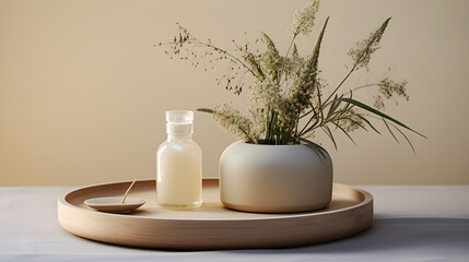 Skincare jar on bamboo tray with neutral grass arrangement