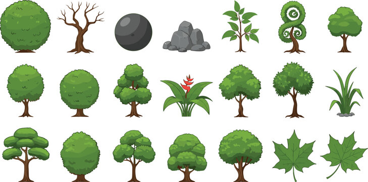 Cartoon nature elements collection with trees, bushes, plants, stones, and leaves illustrated in colorful flat vector style isolated on white background for game and landscape design