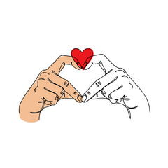 Fototapeta premium Hands making heart shape with red heart inside ideal for healthcare, love, valentines day, charity, donations, relationship, kindness concepts.