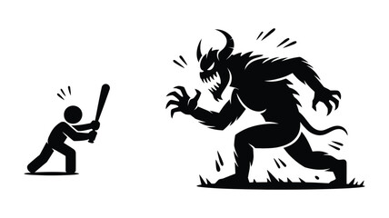 Fototapeta premium Man Versus Monster Illustration in Black and White Silhouette Showing Fierce Battle Between Warrior and Demon Creature for Horror, Fantasy, and Scary Artwork