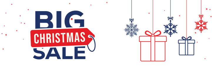Modern Christmas sale banner with elegant script and bold SALE typography on a white background, featuring red and blue hanging snowflake ornaments, perfect for end of season winter holiday promotions © bibin