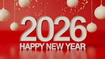 Happy new year 2026 greeting on a red background with festive ornaments