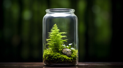 Small seedling in a glass jar surrounded by green moss