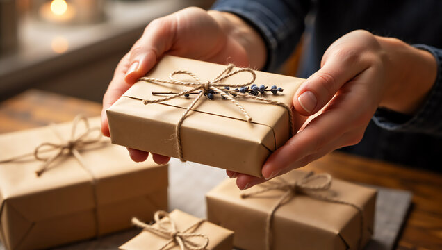 Close-up of hands holding a rustic gift wrapped in eco-friendly paper. Handmade present with twine and lavender for a holiday celebration
