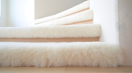 Soft carpeted stairs with fluffy off-white rug detail