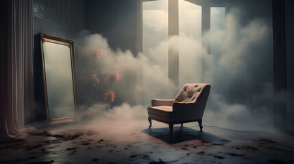 Soft mist leaking light in quiet reflective room