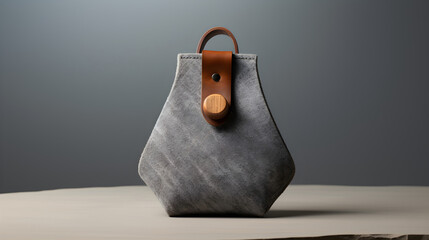 Soft pouch with wooden clasp placed on neutral gray surface