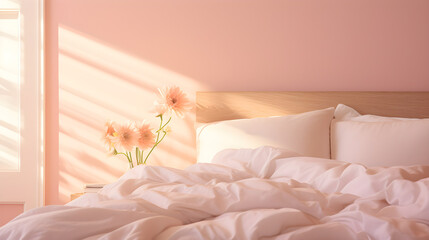 Soft rays of sun lighting up pink walls and white bedding