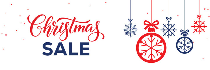 Modern Christmas sale banner with elegant script and bold SALE typography on a white background, featuring red and blue hanging snowflake ornaments, perfect for end of season winter holiday promotions © bibin