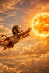 Baby Hanuman Flying Towards the Sun in a Dramatic Sky