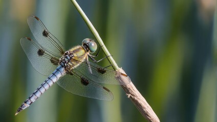 Dragonfly Perched on a Stalk in Natural Habitat.