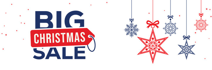 Modern Christmas sale banner with elegant script and bold SALE typography on a white background, featuring red and blue hanging snowflake ornaments, perfect for end of season winter holiday promotions © bibin