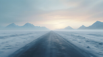 Symmetrical Frozen Road Stretching Through a Frosted Field