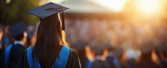 A graduate wearing a cap and gown stands in front of a cheering crowd, basking in the warm glow of sunset during a graduation ceremony.