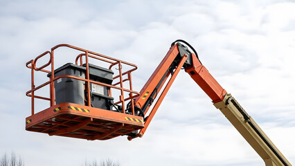 Industrial boom lift platform carrying trash bin against cloudy sky | Elevated work platform basket with safety rails and garbage container | Close-up of aerial man lift arm and orange cherry picker 