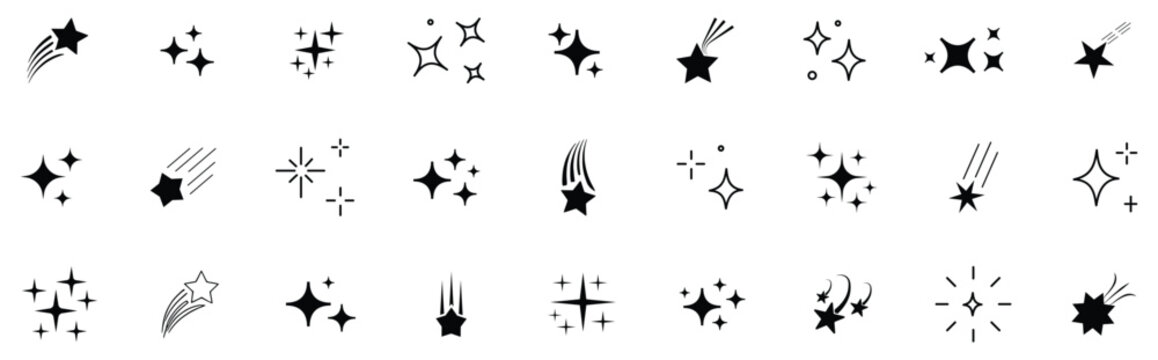 Star twinkle glitter spark outline shine icon set. Star shine glow, spark glitter, sparkle light black and white vector art and illustration.