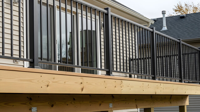 Newly built wooden deck with black aluminum railing installation | Modern residential outdoor patio construction details | Close up of pressure treated lumber deck framing and metal balusters