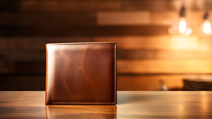 Tan leather wallet resting on wood table with dramatic lighting