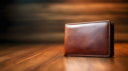Tan leather wallet resting on wood table with dramatic lighting