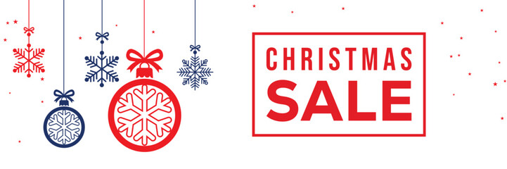 Modern Christmas sale banner with elegant script and bold SALE typography on a white background, featuring red and blue hanging snowflake ornaments, perfect for end of season winter holiday promotions © bibin