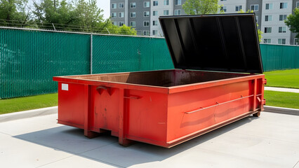 Large red commercial waste dumpster with open black lid | Industrial trash bin services near modern residential apartment complex | Urban waste management container rental parked on concrete pad 