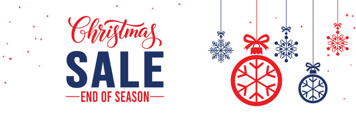 Modern Christmas sale banner with elegant script and bold SALE typography on a white background, featuring red and blue hanging snowflake ornaments, perfect for end of season winter holiday promotions © bibin
