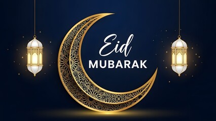Eid mubarak greeting with crescent moon and lanterns