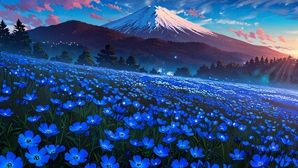 blue flower meadow beneath a glowing mountain sky anime style image

