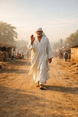 Fototapeta premium Saint Sai Baba Walking Through a Village, Blessing Devotees