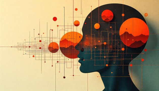 Abstract human profile with geometric shapes and glowing nodes representing artificial intelligence, data flow and digital thinking. Concept of machine learning, neural networks, human–AI interaction - Powered by Adobe