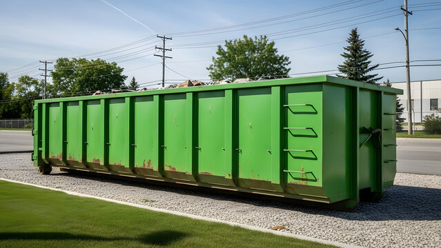 Large green roll-off dumpster rental for construction debris removal | Industrial skip container full of rubble on gravel lot | Waste management services for commercial demolition clean up