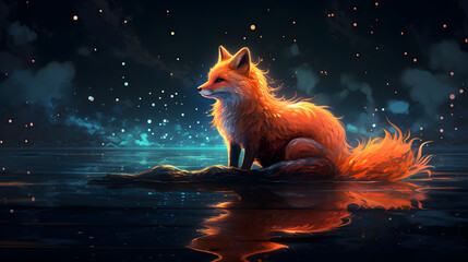 Vibrant Orange Fox with Starry Galaxy Fur Walking Across a Midnight Lake