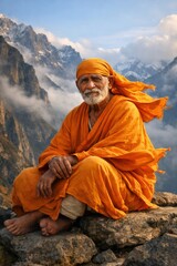 Elderly Sage Meditating in Himalayas: Spiritual Serenity and Mountain Majesty