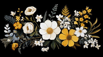 Vintage Floral Motif with Yellow and White Flowers on Black