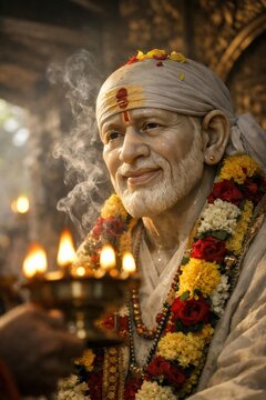 Shirdi Sai Baba Statue with Flowers and Lamps in a Temple