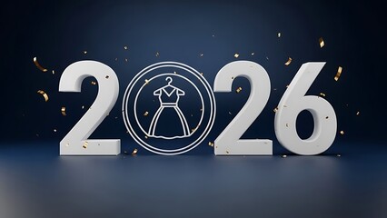 Happy New Year 2026 Fashion Concept with Dress on Hanger Icon 3D Render Illustration on Dark Blue Background with Gold Confetti for Clothing Store and Style Boutique Retail Apparel Sale Marketing