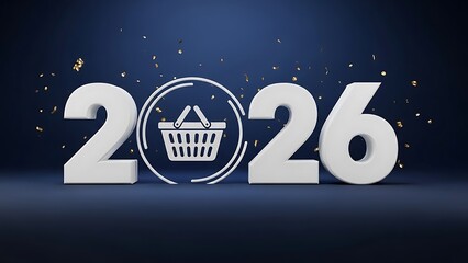 Happy New Year 2026 Shopping Concept with Basket Icon 3D Render Illustration on Dark Blue Background with Gold Confetti for Retail Sale and E-commerce Market Consumer Purchase Discount Advertising