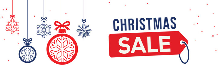 Modern Christmas sale banner with elegant script and bold SALE typography on a white background, featuring red and blue hanging snowflake ornaments, perfect for end of season winter holiday promotions © bibin