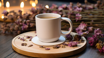 White Ceramic Mug and Coaster with Dried Flowers