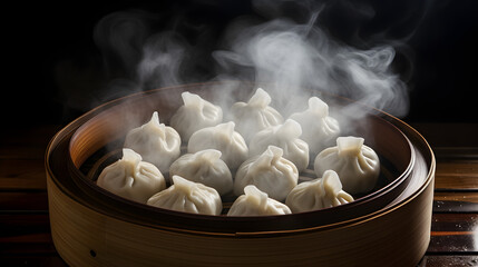 White Dumplings in Steamer on Wooden Surface