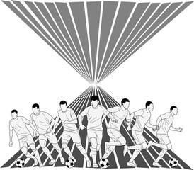 Dynamic image of soccer players dashing with balls under vibrant radiating lines. Ideal for sports, soccer or energythemed designs. © Coepy images