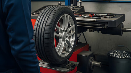 Professional mechanic performing wheel balancing on modern equipment | Closeup of car tire and rim mounted on an auto service machine | Routine inspection and maintenance for tire replacement services