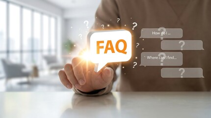Glowing FAQ text with question marks floating in air, representing frequently asked questions and answers in a modern office setting.