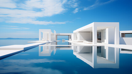 White architectural structure mirrored on still blue water under open sky
