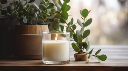 White candle in glass jar with eucalyptus on rustic wood