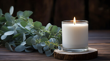 White candle in glass jar with eucalyptus on rustic wood