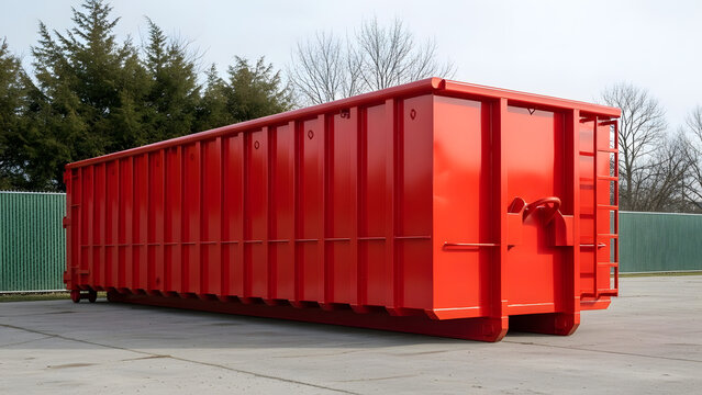 Large bright red roll-off dumpster container sitting on concrete slab | Industrial waste management receptacle for construction debris removal | Empty 40 yard commercial waste bin for rental services